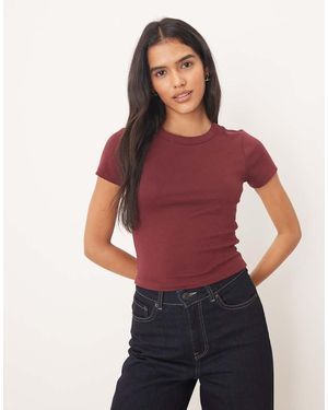 Gina Tricot Top Slim Fit A Maniche Corte Bordeaux - Blu