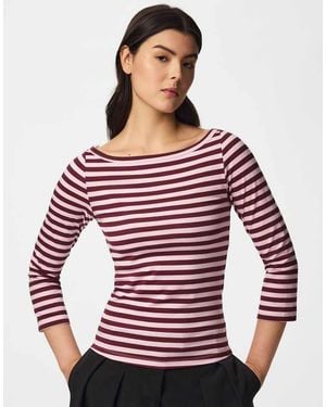 Pieces Phoebe Striped Slim Fit Boat Neck 3/4 Sleeve Top - Red