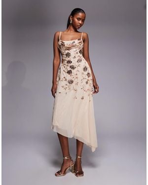 Oh Polly Floral Embellished Asymmetric Midaxi Dress - Metallic
