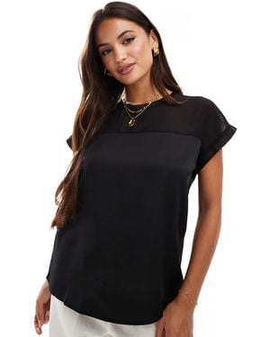 Vila Mesh Detail T-shirt With Turn Up Sleeve - Black