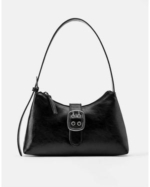Pull&Bear Suede Shoulder Bag With Buckle - Black