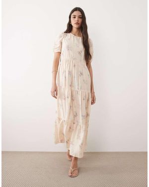 Nobody's Child Hudson Round Neck Puff Sleeve Tiered Midi Dress - Natural