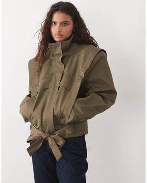 ASOS Funnel Neck Belted Hem 80s Sport Jacket - Brown