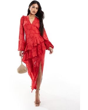 In The Style X Perrie Sian Wrap Asymmetric Ruffle Maxi Dress - Red
