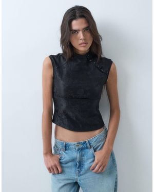 Motel Hanna Jacquard Top With Asymm Button Detail - Blue