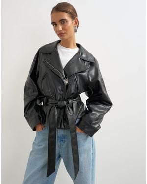 TOPSHOP Faux Leather Cropped Biker With Tie Belt - Blue