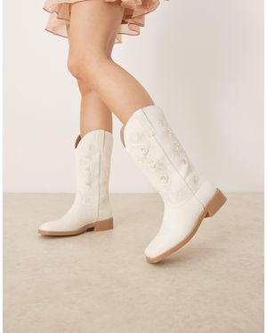 Glamorous Embroidered Western Knee Boots - Natural