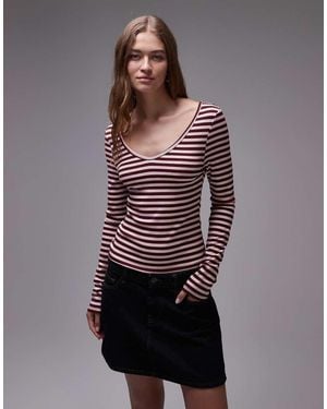 TOPSHOP Stripe V-neck Top - Brown