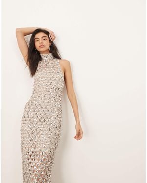 ARRANGE Geo Cut Work Embellished High Neck Column Maxi Dress - Natural