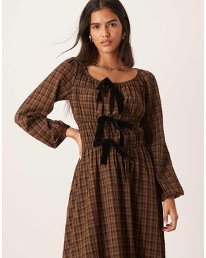 Glamorous Shirred Maxi Dress With Front Ties - Brown