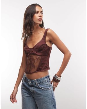 Monki Top corset en satin à lacets en dentelle bordeaux - Bleu