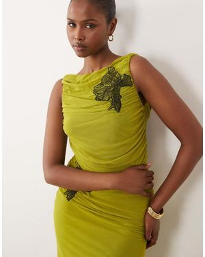 ASOS Ruched Mesh Maxi Dress With Floral Applique And Ruched Detail - Green