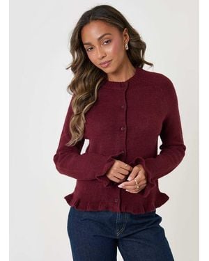 Threadbare Crew Neck Ruffle Cardigan - Red