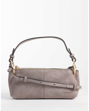 Calvin Klein Suede Shoulder Bag With Cross-Body Double Strap - Grey