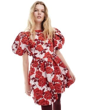 Sister Jane Puff Sleeve Jacquard Mini Dress - Red