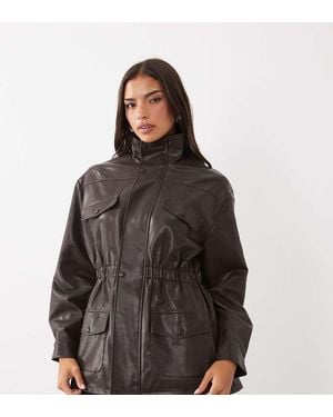 Kaiia Exclusive Faux Leather Funnel Neck Cinche Waist Jacket Co-ord - Brown