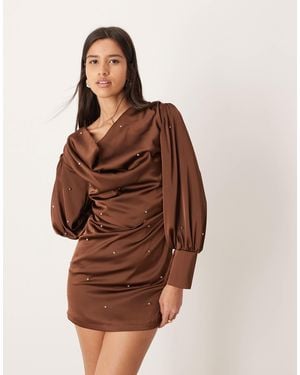 Ghospell Cowl Front Balloon Sleeve Satin Studded Mini Dress - Brown