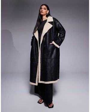 Princess Polly Leather Look Contrast Faux Shearling Button Front Longline Coat - Natural
