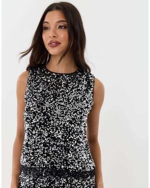 Threadbare Sequin Shell Top With Lace Trim - Black