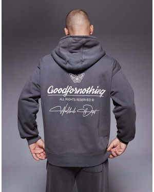 Good For Nothing Oversized Graphic Back Print Overhead Hoodie - Grey