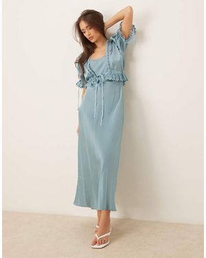 ASOS Puff Sleeve 2-in-1 Satin Midi Tea Dress With Lace Trims - Blue