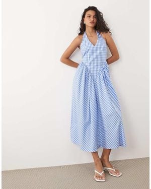 Y.A.S Vestido Largo A Cuadros Vichy Azules Con Cuello Halter Y Detalle En La Cintura