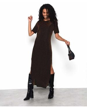 NARRATED Short Sleeve Maxi Dress With Side Split - Brown