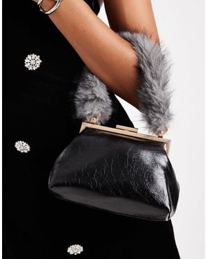 ASOS Textu Frame Mini Clutch Bag With Faux Fur Top Handle - Grey