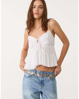 Stradivarius Oversized Ruffled Top With Embroidery - White