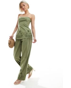4th & Reckless Linen Blend Flower Cutwork Detail Wide Leg Pants Co-ord - Green