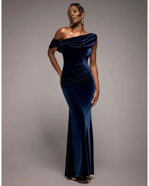 Goddiva Cowl One Shoulder Velvet Maxi Dress - Blue