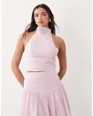 Bardot Harlow Cotton High Halter Neck Crop Top - Pink