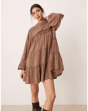 ASOS High Neck Smock Mini Dress With Lace Trims - Brown