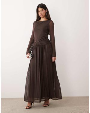 DASKA Drop Waist Mesh Maxi Dress With Twist Detail - Brown