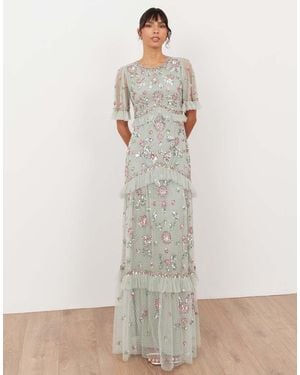 Maya Embellished Short Sleeve Spot Mesh Maxi Dress - Natural