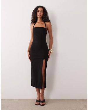 Vesper Bengaline Halterneck Thigh Split Midi Dress - Black
