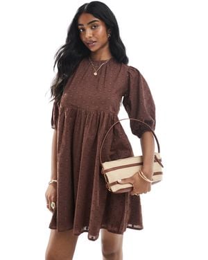 Wednesday's Girl Puff Sleeve Dobby Smock Mini Dress - Brown