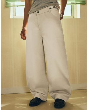 Bershka Embroidered Barrel-leg Trousers - Natural