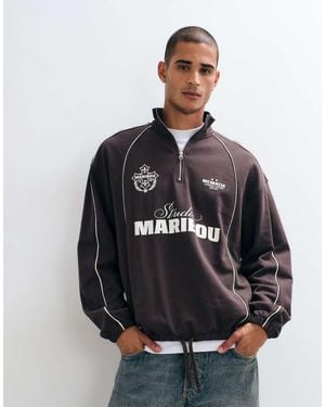ASOS Oversized Half Zip Sweatshirt With Self Elasticated Hem, Piping And Print - Blue
