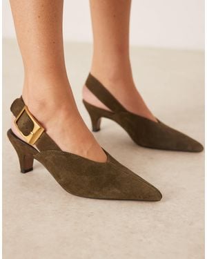 ASOS Shiloh Large Buckle Detail Slingback Kitten Heel Shoes - Natural