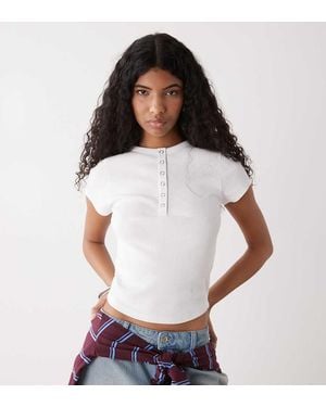 Collusion Short Sleeve Rib Henley Top - White