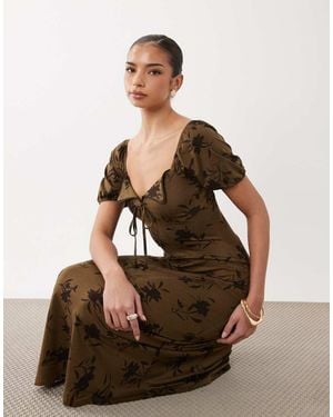 ASOS Scalloped Collar Puff Sleeve Seam Detail Midi Tea Dress - Brown