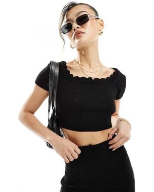 Fashionkilla Pointelle Lace Trim Crop Top Co-ord - Black