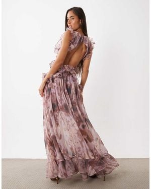 ASOS Vestido Maxi Con Escote Pronunciado, Detalle Fruncido De Gasa, Espalda Abierta Y-Multi - Rosa