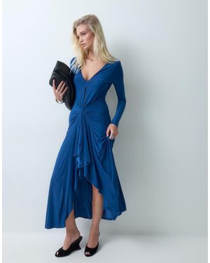 ASOS Vestito Lungo Con Scollo Profondo, Maniche Lunghe E Arricciatura Sul Davanti - Blu
