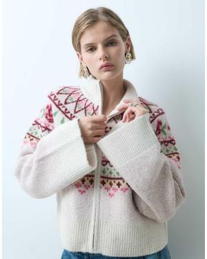 Miss Selfridge Zip Funnel Neck Cardigan With Fairisle Pattern - Grey