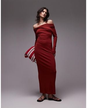TOPSHOP Bardot Twist Detail Long Sleeve Maxi Dress - Red