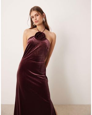 Y.A.S Velvet Halterneck Maxi Dress With Rosette - Red