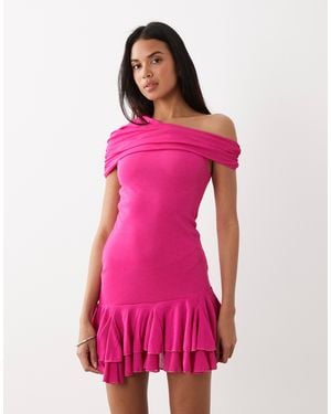 Kaiia Exclusive Textured Mesh Drape Off Shoulder Rara Hem Mini Dress - Pink