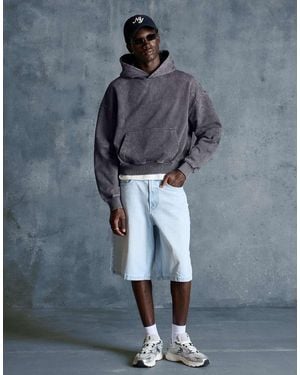 Bershka Boxy Washed Hood Sweatshirt - Blue
